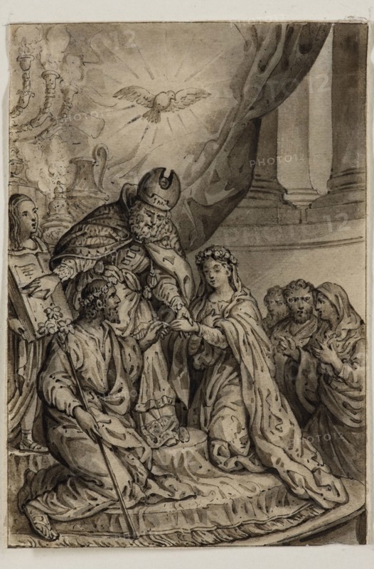 Alexandre Joseph Desenne, French, 1785-1827, Marriage of the Virgin, early 19th century, pen and brush, black ink and wash on thin cream wove paper, Sheet: 3 1/8 × 2 1/8 inches (7.9 × 5.4 cm)