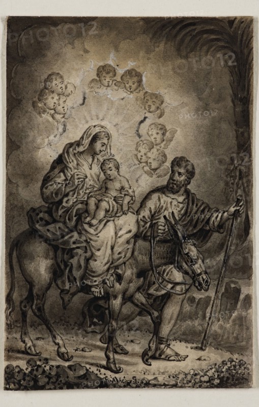 Alexandre Joseph Desenne, French, 1785-1827, Flight into Egypt, early 19th century, pen and brush, black ink and wash heightened with white on thin cream wove paper fully mounted to cream laid paper, Sheet: 3 1/4 × 2 1/8 inches (8.3 × 5.4 cm)