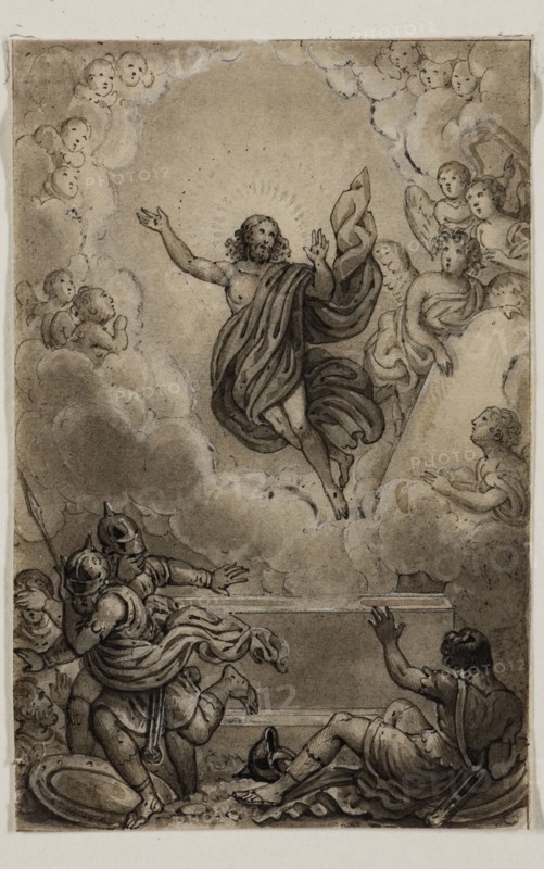 Alexandre Joseph Desenne, French, 1785-1827, Resurrection of Christ, early 19th century, pen and brush, black ink and wash, heightened with white on thin cream wove paper, Sheet: 3 1/8 × 2 inches (7.9 × 5.1 cm)