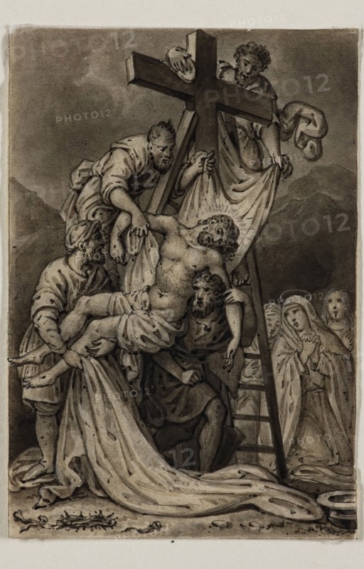 Alexandre Joseph Desenne, French, 1785-1827, Descent from the Cross, early 19th century, pen and brush, black ink and wash heightened with white on thin cream wove paper, Sheet: 3 1/8 × 2 1/8 inches (7.9 × 5.4 cm)