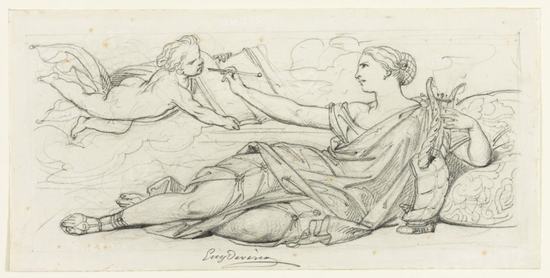 Eugène François Marie Joseph Devéria, French, 1805-1865, Poetry, mid-19th century, graphite pencil on cream wove paper, Image: 5 1/8 × 11 5/8 inches (13 × 29.5 cm)