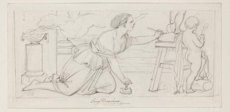 Eugène François Marie Joseph Devéria, French, 1805-1865, Sculpture, mid-19th century, graphite pencil on cream laid paper, Image: 5 1/4 × 12 inches (13.3 × 30.5 cm)