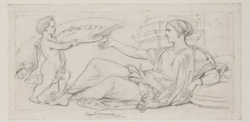Eugène François Marie Joseph Devéria, French, 1805-1865, Painting, mid-19th century, graphite pencil on cream laid paper, Image: 5 1/2 × 11 3/4 inches (14 × 29.8 cm)