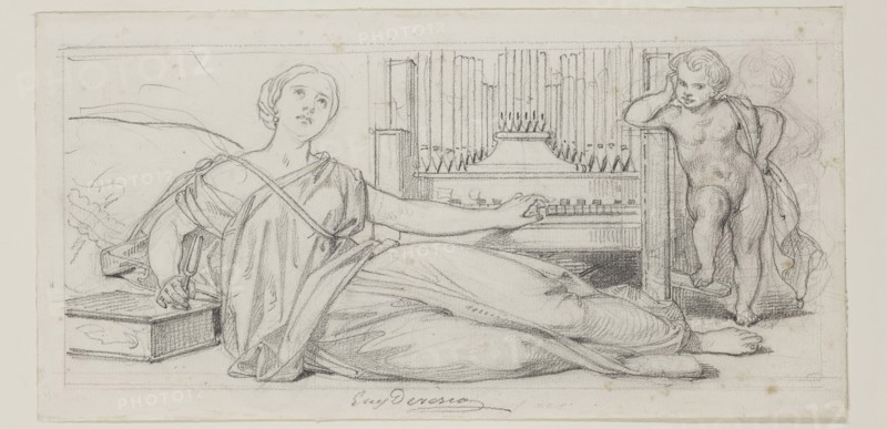 Eugène François Marie Joseph Devéria, French, 1805-1865, Music, mid-19th century, graphite pencil on cream wove paper, Image: 5 1/4 × 11 3/4 inches (13.3 × 29.8 cm)