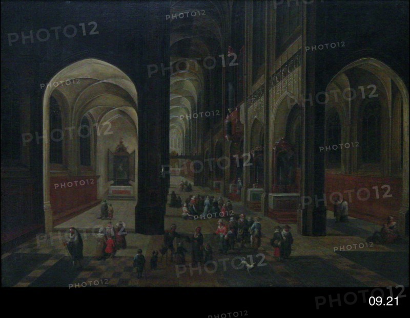 manner of Peeter Neefs the Elder, Flemish, 1577-1661, Interior of a Gothic Church, 1630/1640, Oil on oak panel, Unframed: 10 3/8 × 14 1/2 inches (26.4 × 36.8 cm)