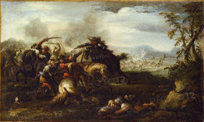 Jacques Courtois, French, 1621-1676, A Battle Scene, 17th Century, oil on canvas, Unframed: 13 3/8 × 22 inches (34 × 55.9 cm)
