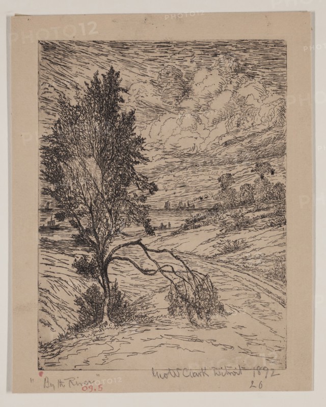 George W. Clark, American, By the River, 1892, etching printed in black ink on wove paper, Plate: 8 × 6 inches (20.3 × 15.2 cm)