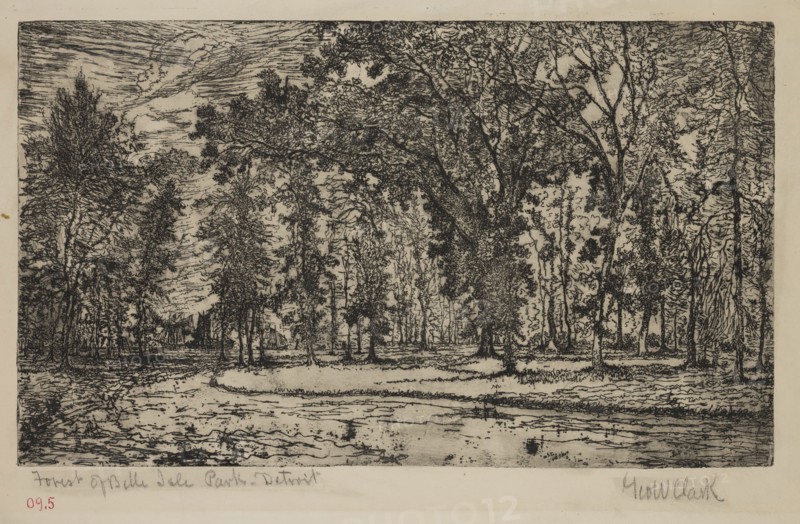 George W. Clark, American, Forest of Belle Isle Park - Detroit, 1893, etching printed in black ink on wove paper, Plate: 5 7/8 × 9 7/8 inches (14.9 × 25.1 cm)