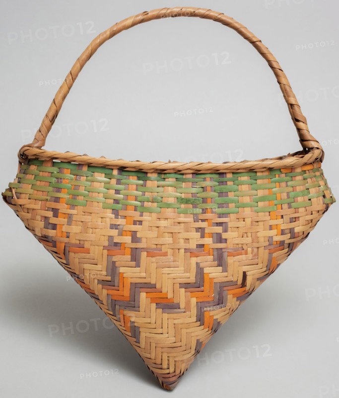 Choctaw, Native American, Basket with Handle, between 1890 and 1910, cane and aniline dye, Overall: 14 1/2 × 2 3/4 × 10 1/4 inches (36.8 × 7 × 26 cm)