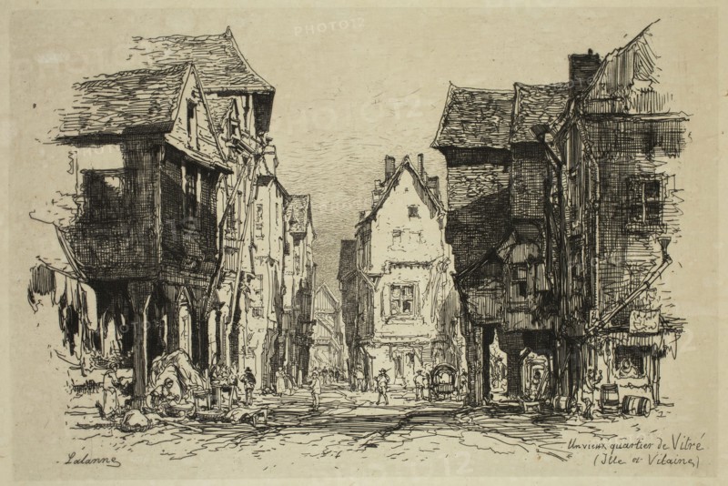 Maxime François Antoine Lalanne, French, 1827-1886, Un vieux quartier de Vitre, 1879, etching printed in black ink on japan paper mounted on paperboard, Plate: 7 7/8 × 11 1/8 inches (20 × 28.3 cm)