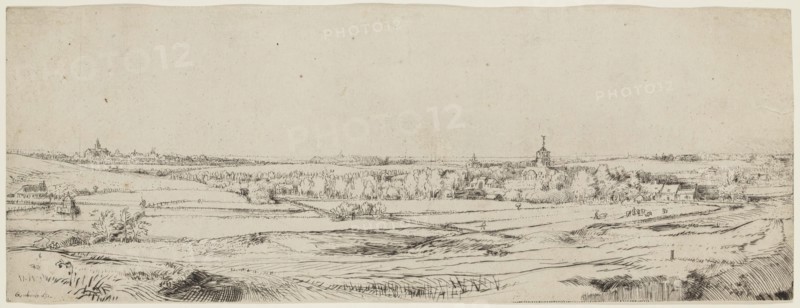 Rembrandt Harmensz van Rijn, Dutch, 1606-1669, The Goldweigher's Field, 1651, etching and drypoint printed in black ink on laid paper, Sheet (trimmed within platemark): 4 5/8 × 12 1/2 inches (11.7 × 31.8 cm)