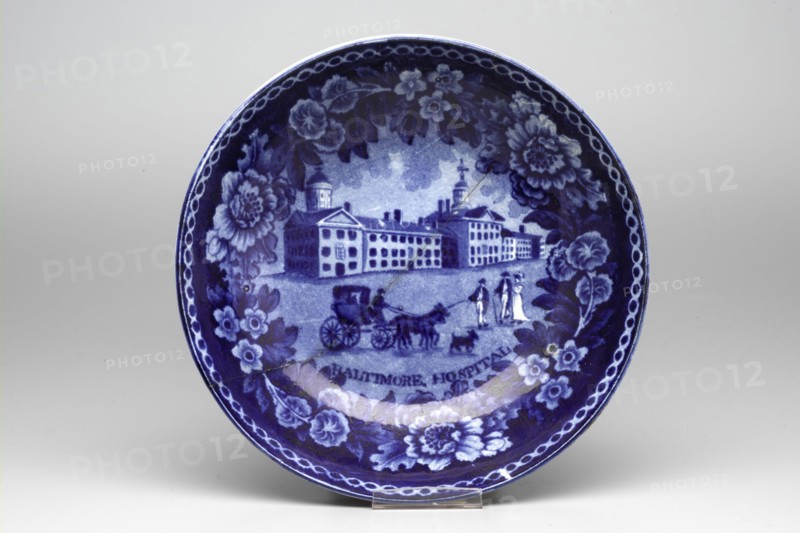Unknown (English), Baltimore Hospital Saucer, between 1822 and 1832, white earthenware with blue transfer-printed decoration, Overall: 1/4 × 5 7/8 inches (0.6 × 14.9 cm)