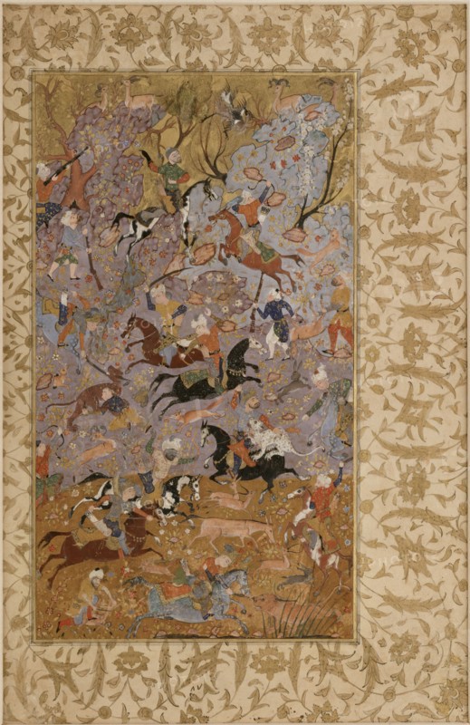 Islamic, Iranian, Manuscript Folio with a Hunting Scene, 1585/1590, Ink, colors and gold on paper, image size: 10 5/8 x 6 in.
