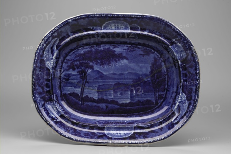 Catskill Mountains, Hudson River Platter, between 1820 and 1840, white earthenware with blue transfer-printed decoration, Overall: 1 1/2 × 10 7/8 × 8 1/2 inches (3.8 × 27.6 × 21.6 cm)