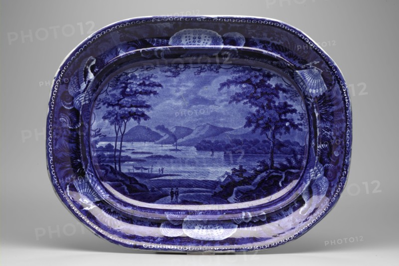 Lake George, State of New York Platter, between 1820 and 1840, white earthenware with blue transfer-printed decoration, Overall: 1 7/8 × 14 7/8 × 11 1/2 inches (4.8 × 37.8 × 29.2 cm)