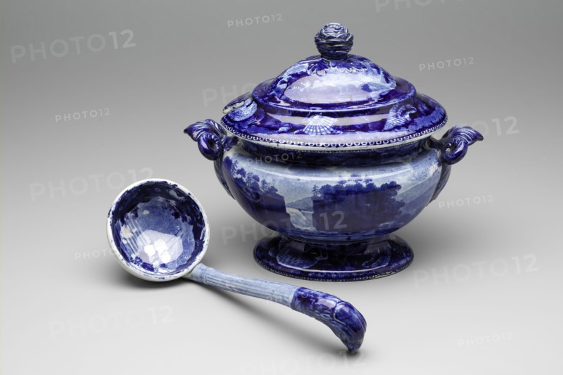 Passaic Falls Gravy Tureen, between 1820 and 1840, white earthenware with blue transfer-printed decoration, Overall: 6 1/4 × 8 × 4 3/4 inches (15.9 × 20.3 × 12.1 cm)
