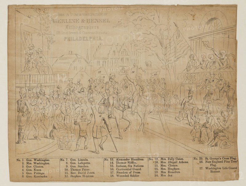 Unknown (American), Washington Entering New York, 19th century, color lithograph, Framed: 28 × 42 1/2 inches (71.1 × 108 cm)