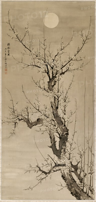 Yamamoto Baiitsu, Japanese, 1783-1856, Prunus in the Moonlight, 1846, Ink on silk, Overall: 103 3/4 × 41 3/4 inches (263.5 × 106 cm)