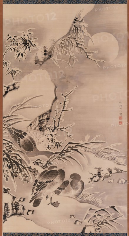 Nakabayashi Chikuto, Japanese, 1776-1853, Ducks in the Winter Moonlight, between early and mid-19th century, Ink on silk, Overall: 96 × 43 3/4 inches (243.8 × 111.1 cm)