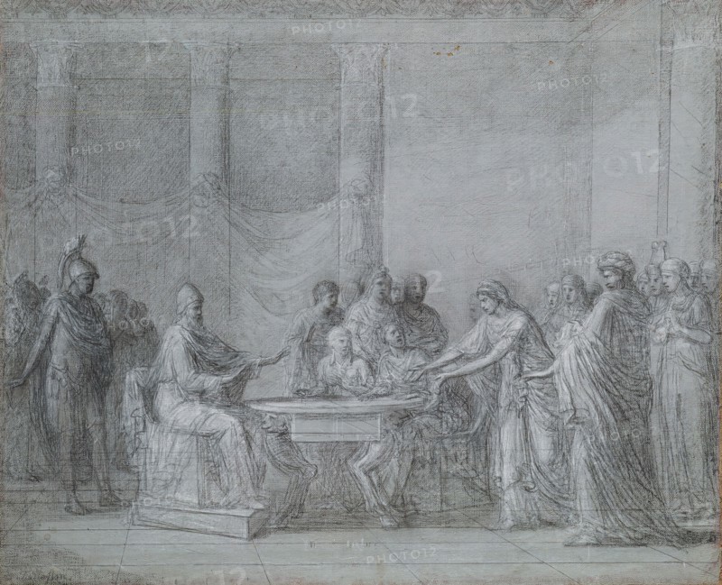 Jean-Joseph Taillasson, French, 1745-1809, Berenice Reproaching Ptolemy, c. 1802, Black and white chalk, pencil, and tempera on canvas, 19 1/2 x 23 3/4 (49.5 x 60.3)