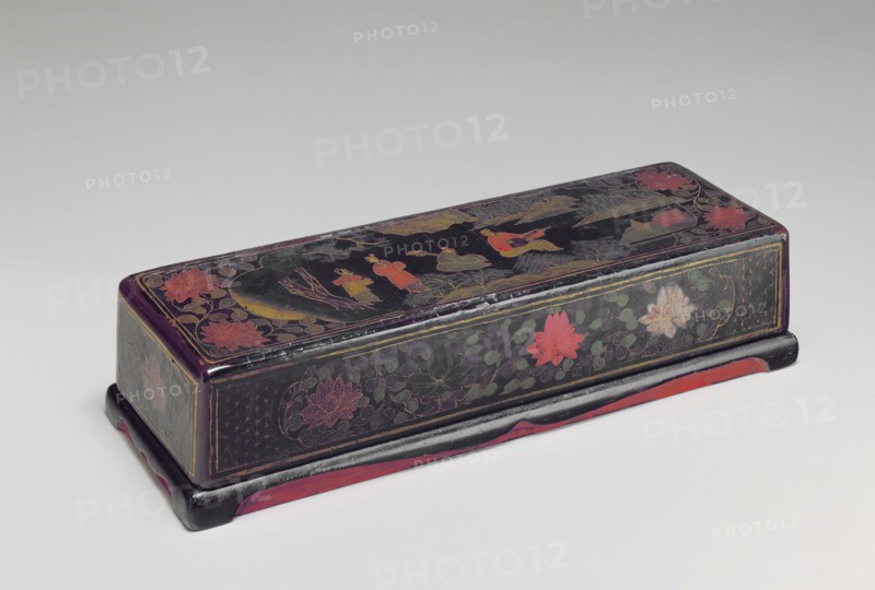 Ryukyuan, Japanese, Oblong Box, 17th Century, Black lacquer on wood with litharge painting, box and cover: 5 x 14 5/8 x 3 in.