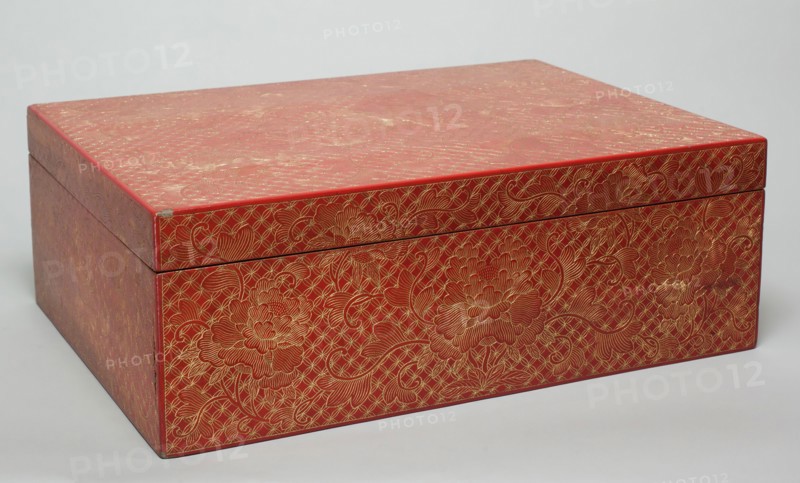 Ryukyuan, Japanese, Document Box Lid, 18th Century, Red lacquer and gold on wood, Overall: 6 1/4 × 17 3/8 × 12 1/2 inches (15.9 × 44.1 × 31.8 cm)