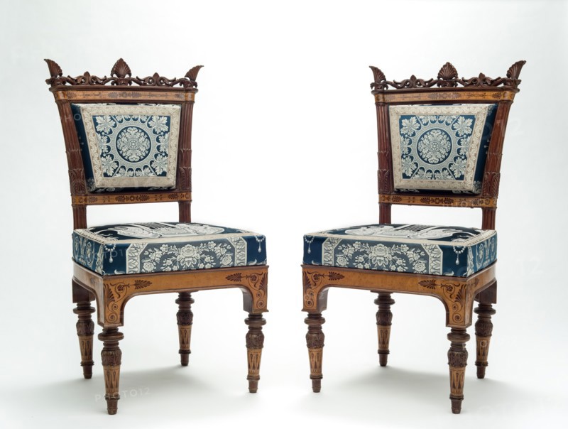Side Chair, 1841 - 1842, Mahogany inlaid with maple and mahogany, with modern silk upholstery copying the original upholstery, Overall: 39 × 21 1/8 × 19 1/4 inches (99.1 × 53.7 × 48.9 cm)