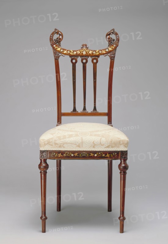 Unknown (American), Aesthetic Chair, between 1885 and 1890, mahogany inlaid with mother-of-pearl, brass, copper, and pewter, Overall: 37 7/8 × 16 1/8 × 19 1/2 inches (96.2 × 41 × 49.5 cm)