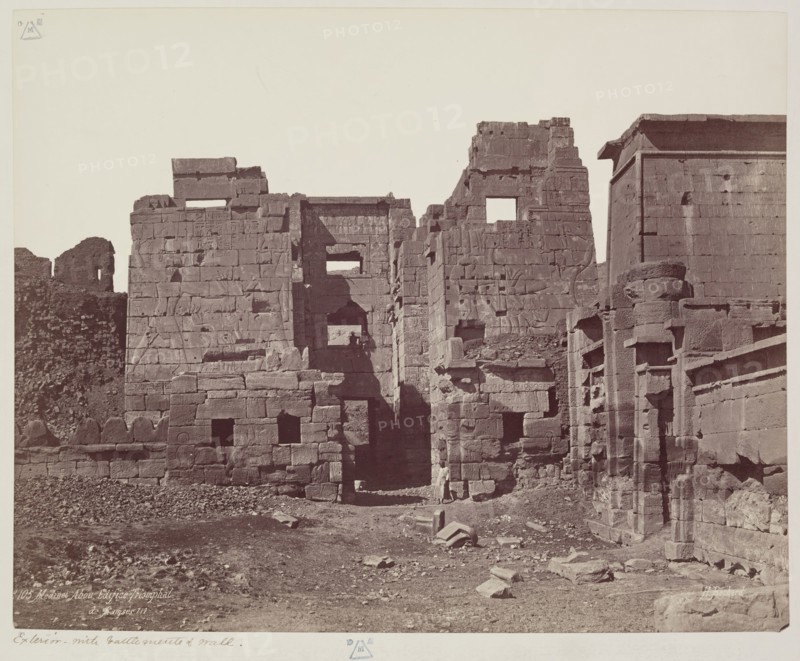 Henri Béchard, French, 1869-1889, Madinet Habu, Exterior of the Entrance Gate of Mortuary Temple of Ramesses III, late 19th century, albumen print, Image: 8 1/2 × 10 3/4 inches (21.6 × 27.3 cm)
