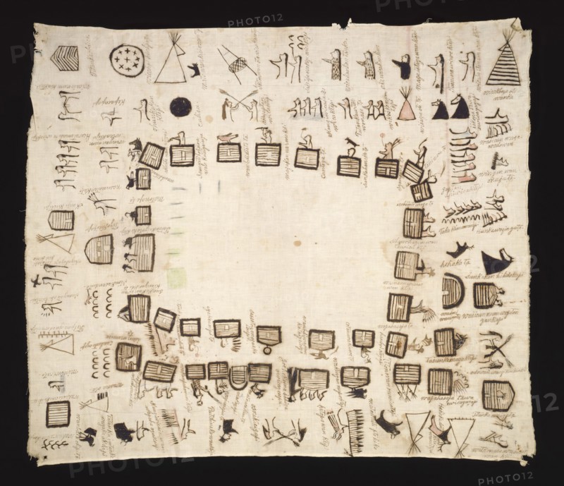 Yanktonai, Native American, Winter Count, 1911, cotton cloth, ink, pigment, Overall: 40 3/4 × 35 1/4 inches (103.5 × 89.5 cm)