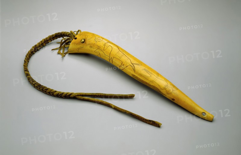 Osage, Native American, Quirt, ca. 1850, engraved elk antler, buffalo rawhide, and brass tacks, Overall: 13 15/16 × 2 1/2 × 1 1/2 inches (35.4 × 6.4 × 3.8 cm)