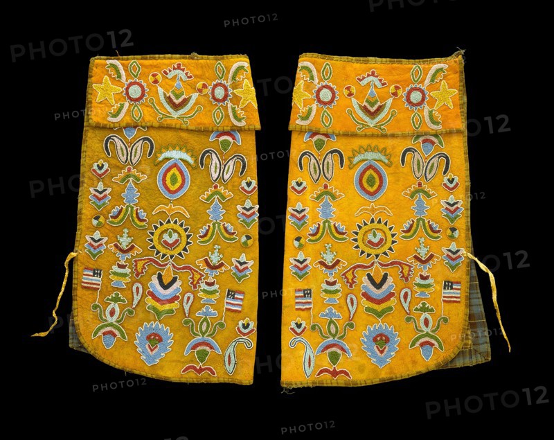 Eastern Sioux, Native American, Half-Leggings, ca. 1870, buckskin, fabric, and glass beads, Overall (1988.46.1A): 21 1/8 × 23 3/4 × 1/4 inches (53.7 × 60.3 × 0.6 cm)