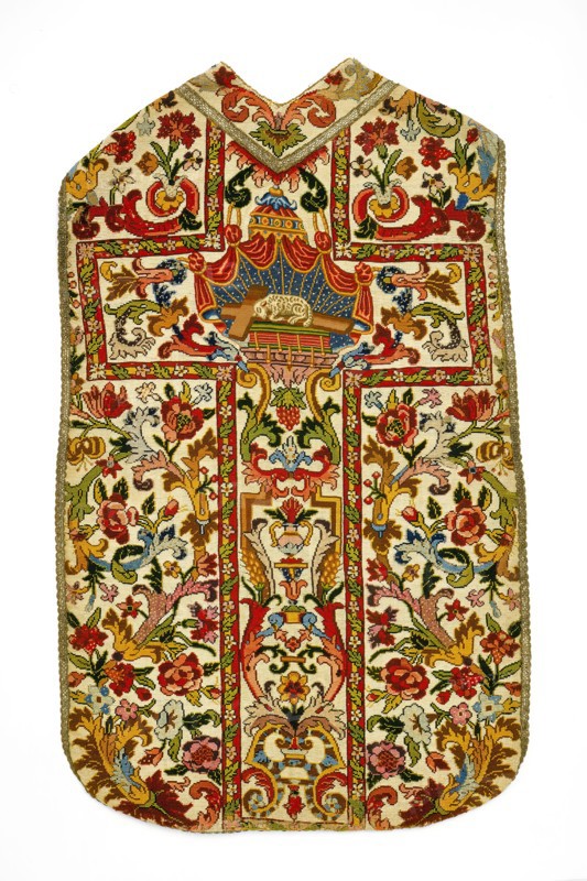 Unknown (French), Chasuble, 19th century, Foundation of linen, plain weave Embroidered in stem (tent) and cross stiches using silk and wool Embroidery: wool and silk on linen plain weave canvas., height x maximum width: 46 x 28 in.