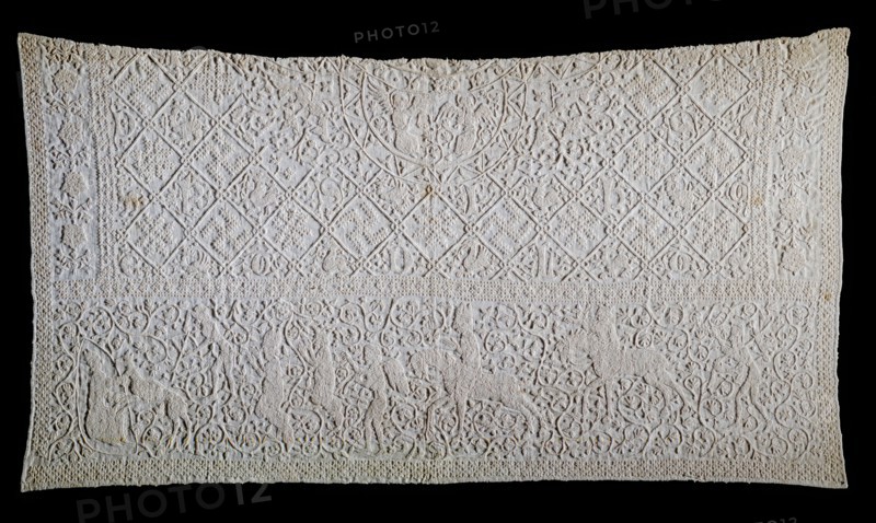 Lectern Cover, 14th century, linen embroidery on plain weave linen in three stitches; German interlacing, plaited braid and chain stitch, Overall: 27 1/4 × 49 1/8 inches (69.2 × 124.8 cm)