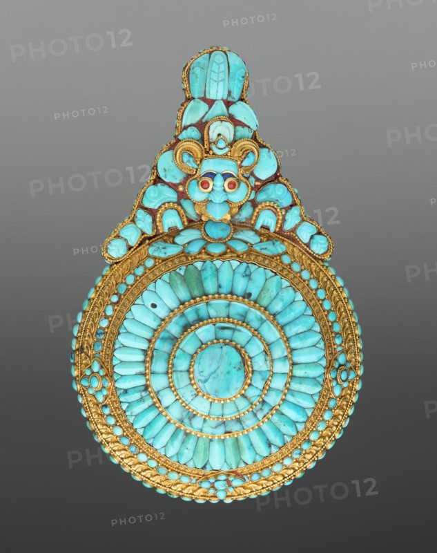 Tibetan, Buddhist Ornament, 19th century, Turquoise, gold, silver, and coral, Overall: 4 1/2 inches × 3 inches × 1 3/4 inches (11.4 × 7.6 × 4.4 cm)