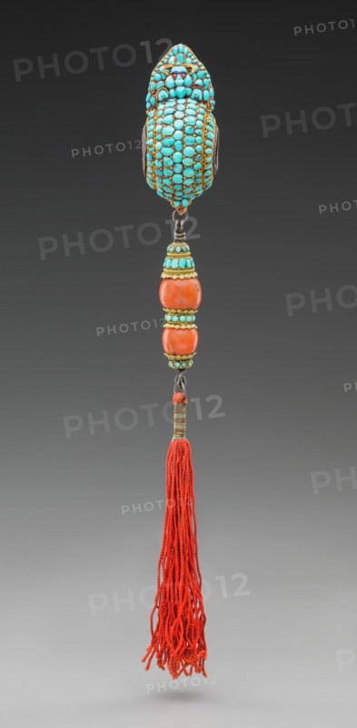Tibetan, Buddhist Ornament, 19th century, Turquoise, coral, gold, silver, thread, Overall (with tassel): 12 × 1 1/16 × 2 1/4 inches (30.5 × 2.8 × 5.7 cm)
