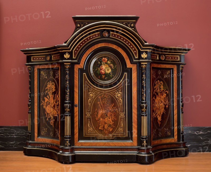 attributed to L. Marcotte and Company, American, 1849-1880, Music Cabinet, ca. 1875, ebonized cherry, American maple, mother-of-pearl, gilt bronze, and dyed wood inlays, Overall: 61 × 77 × 23 3/4 inches (154.9 × 195.6 × 60.3 cm)