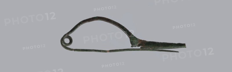 Arched fibula. Fibula with an arched bow; the pin emerges from a double-coiled spring. The sheath is in the form of a half-cylinder, cut to accommodate the pin. Material: bronze. Condition: good, greenish corrosion on the surface. Date: 8th–7th century BC 4th quarter of the 8th – mid-7th century BC. Type: jewelry, fibula. Place of origin: Italy . Maker: unknown., A single elongated metal object with a curved upper arm forming an arch and a coiled circular loop at one end, a straight lower arm extending beneath the arch, and a tapered pointed section at the opposite end; the surface shows uneven texture and areas of corrosion with visible rough patches and flaking, and the object displays a mix of dark green, brown, and muted metallic tones against a plain light gray background.