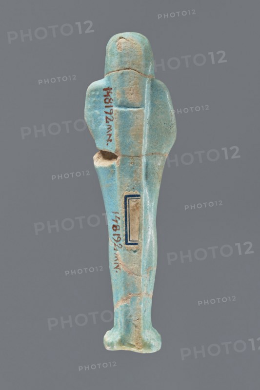 Ushabti, Mummy-shaped figurine, standing on a base with a narrow, slightly convex pillar at the back. Arms crossed high on the chest, right folded over left. Left hand holds a pickaxe, right a mattock; a twisted rope passes over the left shoulder with a bag at its end on the back. Wears a smooth, three-part wig and a long straight beard. Facial details poorly legible. Not inscribed. 332–30 BC, Ptolemaic Period, Egypt. Height 12.1 cm., A small human-shaped figurine viewed from the back, made of a smooth turquoise-blue material with areas of beige where the surface is worn or chipped; the figure has a rounded head, broad shoulders, a long narrow body, and indistinct feet. The surface shows a few cracks and worn patches and a small hollowed area on one side; there is a rectangular inset on the back with a thin dark-blue border. The background is a uniform mid-gray.