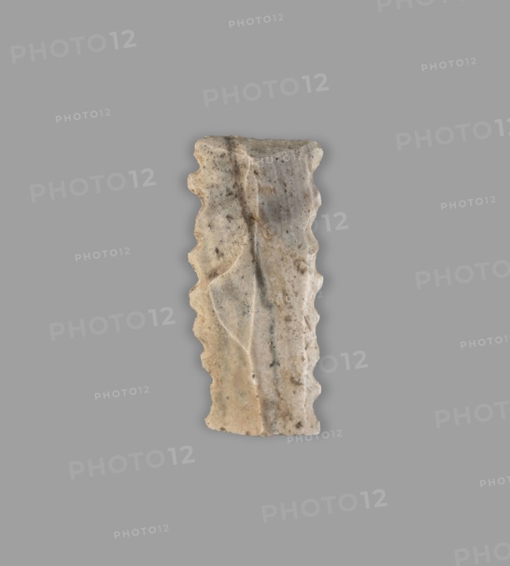 Blade — insert for a sickle; flint tool; Sumer; Uruk culture, ca. 4th–3rd millennium BC ca. 4000–3100 BC; Southern Mesopotamia; sickle tool., A vertically oriented, irregularly shaped stone fragment with scalloped edges shown against a uniform gray background; the stone displays a range of beige, tan, light brown, off-white, and gray tones with darker speckles and subtle streaks, a shallow central groove running lengthwise, and faint curved incised lines on one side, with a slightly rough, weathered surface texture.