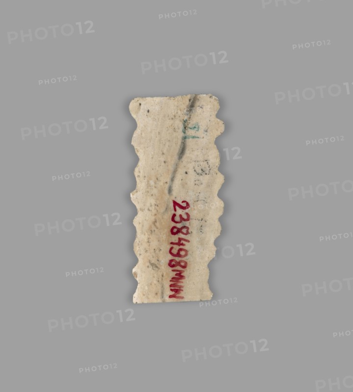 Blade — insert for a sickle;, Flint tool used as a sickle insert. Sumer, Southern Mesopotamia; Uruk culture, ca. 4th–3rd millennium BC ca. 4000–3100 BC. Tool., A roughly rectangular fragment with scalloped vertical edges sits against a flat gray background; the fragment is an off-white, beige color with darker speckles and faint grayish streaks, and there is a vertical streak of darker gray running near its center; a small area of muted green appears near the top, and there is a vertical band of bold red marks along the lower portion; the fragment's surface looks slightly rough and weathered with uneven contours.