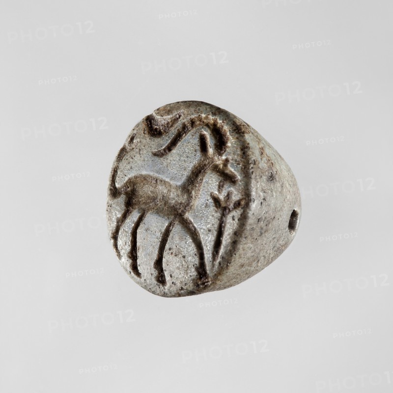 Conical stamp seal with a hole drilled below the top of the cone. On the circular base is engraved a walking gazelle shown in right profile with one backward-curved, notched horn, ear, eye, and beard. The upward-curving tail ends in a tassel of three engraved lines. Above the rump is a horizontally displayed crescent moon. In front of the muzzle is a schematic plant or branch with leaves depicted as a vertical line ending in three short fan-like lines. Materials: seal stamp seal. Style: Northern Mesopotamian. Date: 9th–8th century BC previously dated ca. 9th–7th century BC. Place of origin: Northern Mesopotamia Iraq/Syria/Turkey. Dimensions: height 1.4 cm; width 1.65 cm. Makership: unknown workshop. Subjects: goats/gazelle., A small rounded object with a worn, textured surface in shades of gray and brown, showing a carved outline of an animal with slender legs and a curved neck on one face, alongside a carved curved line and a small plantlike motif; the object has a drilled hole throug...