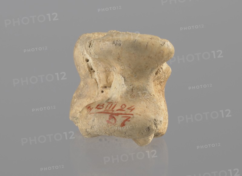 Cow astragal, Myrmekion Crimea, Crimea Ukraine, Hellenistic period, antiquity, bones, cow astragal condylo-talus bone, 332–30 BC, Myrmekion place of finding, product of nature, height 3.4 cm, A small irregularly shaped object with a rough, porous surface, shown against a uniform gray background and resting on a reflective surface. The object is primarily beige and light tan with areas of darker tan and light brown discoloration and small pits and indentations. It has rounded protrusions and concave depressions, with a few smoother worn areas and some rougher, crumbly textures. There is a visible mark in a red color on one side of the object. The reflection of the object on the surface below shows muted beige and gray tones.