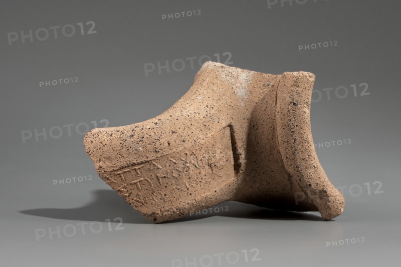 Fragment of a stamped amphora neck, Kinolis c. 290–250 BC. Fragment of a Sinopean amphora neck with the stamp of the astynomeus Attalos and the manufacturer Kinolis. Rectangular stamp with a three-line legend: first line the astynomeus's name in genitive; second line the astynomean title; third line the manufacturer's name in genitive. To the right of the legend, an emblem of a male head in profile facing right. Male heads iconography. 284–280 BC. Myrmekion findspot. Sinope origin. Stamp; neck; height 7.5 cm., A fragment of a rough-textured pottery piece rests on a smooth surface against a plain background; the pottery is a warm tan color with darker speckled spots and areas of lighter discoloration, showing an uneven, grainy surface and chipped edges, with a curved rim and a hollow interior visible at one end, casting a soft shadow beneath it.