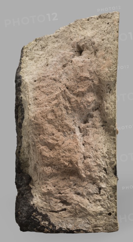 Fragment of a brick with relief decoration. Element of an unglazed panel with a depiction of a bull from the decoration of the Ishtar Gate. On the face side, plastic decoration with a depiction of two diagonally running spirally twisted curls of hair from the figures of bulls that decorated the walls of the Ishtar Gate in Babylon older unglazed phase. 1st half of the 6th century BC; Neo-Babylonian period. Babylon Iraq. Element of architectural decoration. Weight 810 g., A rough, vertically oriented slab of stone with an irregular, textured surface and visible pits and crevices, showing areas of pale beige, pinkish-beige, light tan, dark brown, and gray; the left edge has darker brown to black patches while the central surface has more pinkish-beige tones and the right edge appears lighter beige, all set against a plain gray background.