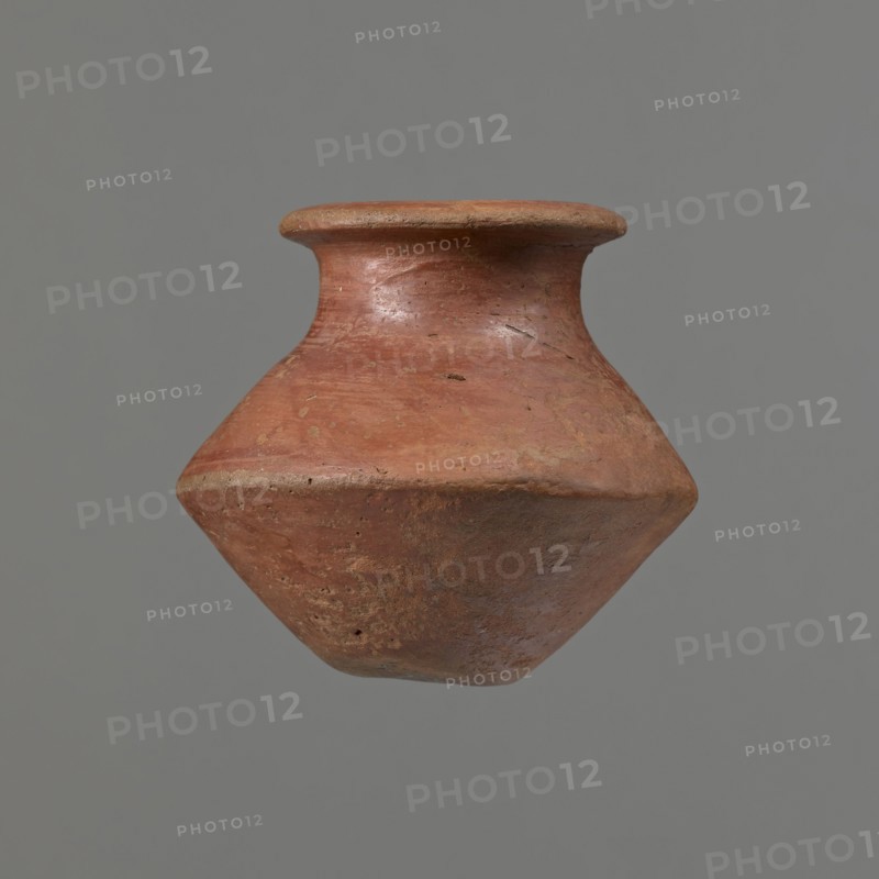 Vessel, Egyptian pottery ceramic clay vessel, c. 1650–c. 1550 BC Second Intermediate Period, from Edfu; vessel height 7.4 cm, rim diameter 5.5 cm, belly diameter 8.2 cm., A single clay vessel with a wide, flared rim and a tapered, angular body is centered against a plain gray background; the surface of the vessel shows a weathered, rough texture with small pits and irregularities and its colors include reddish-brown, terracotta, muted orange, and a few darker brown patches.