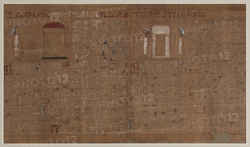 Bakai's Book of the Dead, unknown author; Bakai ca. 1550–1295 BC. Scene: Bakai standing in front of a shrine in the shape of the hieroglyph kAr; two figures of Bakai standing next to a tomb. Inscription: hieroglyphic text. Amenemopet ca. 1550–1295 BC associated. Shrine iconographic. Papyrus, height 36 cm, width 60 cm. Date: New Kingdom, 18th Dynasty reign of Thutmose III–Amenhotep II, ca. 1479–1400 BC; mid-19th century note: mid-19th-century reference retained only if part of the artwork description., A horizontal rectangular papyrus with a brown-beige background shows a few standing human figures rendered in flat profile with skin tones in yellow and brown and hair painted dark gray; one figure appears at left wearing a white dress, and two figures appear near the upper right wearing similar white clothing and holding a long thin object. Near the left-center is a simple architectural form with a rectangular base and a semi-circular red top, and to its right is another simple doorway-l...