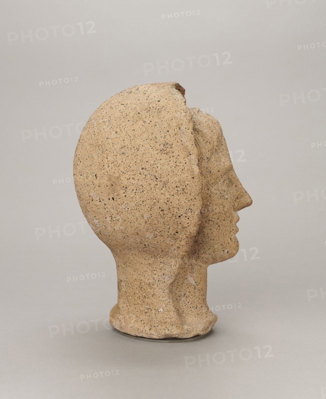 Votive head, head of a young man covered with a shawl, from under which hair emerges in a fringe and falls in curls below the temples, covering the ears. Large, wide-open, convex eyes; large, straight nose; narrow mouth with wide, slightly curled, pouting lips. Face with a strong chin alluding to classical traditions. 4th century BC, Central Italy, votive offering. Height 27.3 cm, width 20.5 cm, depth 18.5 cm, weight 3.5 kg., A sculpted head viewed in profile, made of a speckled beige material with a rough, grainy texture; the form shows a defined nose, lips, chin, and a smooth rounded back of the head, all resting on a short neck and a slightly irregular rounded base. Colors visible include beige, tan, light brown, and small dark gray and black speckles, set against a pale gray background.
