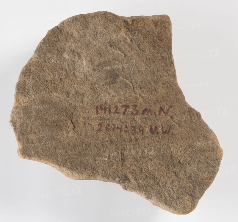 The Hor Hieroglyph - relief fragment, Horus mythology. Relief fragment with several preserved hieroglyphic signs. The preserved fragment features a schematic representation of a falcon the Hor sign shown in right profile, above which three ball-like signs and a triangular sign are preserved. Sections of the side frames remain. 3rd–1st century BC, Ptolemaic Period, Edfu. Inscription, bas-relief; height 17 cm, width 16 cm, depth 3 cm., A roughly triangular piece of coarse textured stone with an uneven, jagged edge, displaying a sandy brown surface with areas of darker brown and hints of gray; there is a patch of reddish pigment visible near the center of the stone.