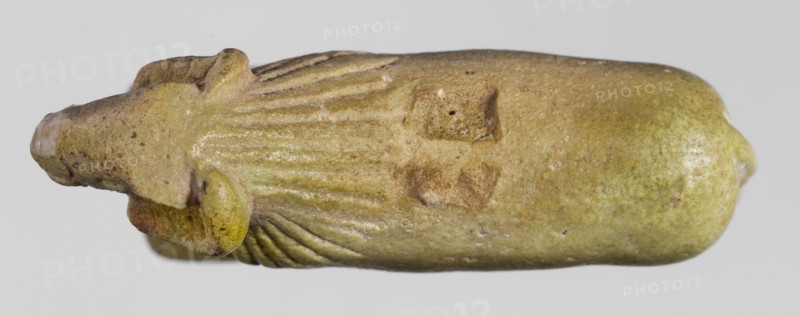 Amulet in the shape of a ram standing on a stand with curled horns and a short beard. The fur around the head is marked with simple engraved lines. Amulet; material unspecified. Late Period, Egypt, 664–332 BC. Dimensions: height 2.5 cm, width 4 cm, depth 1.1 cm., A close-up of a small carved object shaped like an elongated animal form, shown horizontally against a pale gray background; the object has a mottled surface in shades of olive green, yellow-green, brown, and a little tan, with areas of slightly glossy wear and small darker speckles; one end tapers into a rounded snout with a pale worn tip, and a protruding rounded ear-like shape near the front; the body shows incised linear grooves radiating from the head area and a few shallow rectangular depressions on the upper surface, with subtle textural pitting and smoother rounded contours toward the rear.